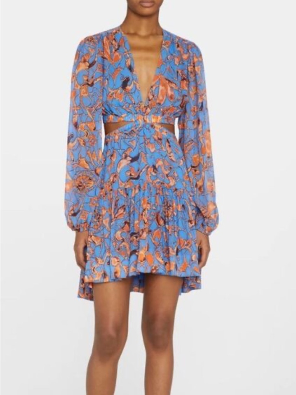 A.L.C. Blue and Orange Floral Tie-Front Long-Sleeve Dress